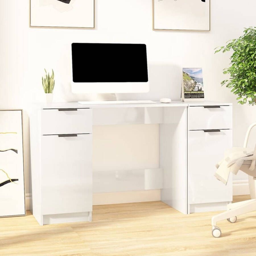 VidaXL -Bureau-met-bijzetkast-bewerkt-hout-hoogglans-wit
