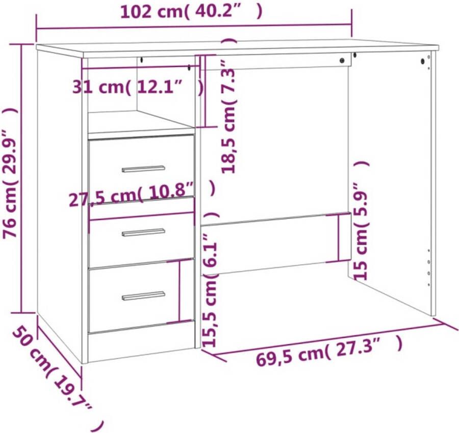 VidaXL -Bureau-met-lades-102x50x76-cm-bewerkt-hout-bruineikenkleurig - Foto 3