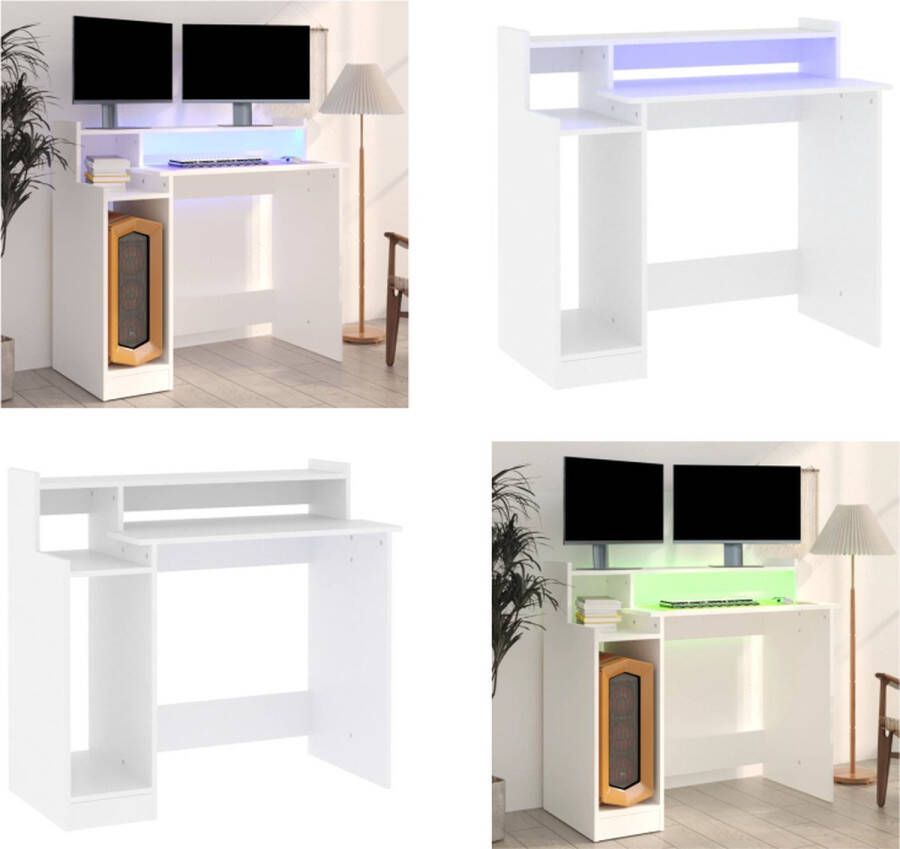 VidaXL Bureau met LED-verlichting 97x45x90 cm bewerkt hout wit Bureau Bureaus Houten Bureau Computerbureau