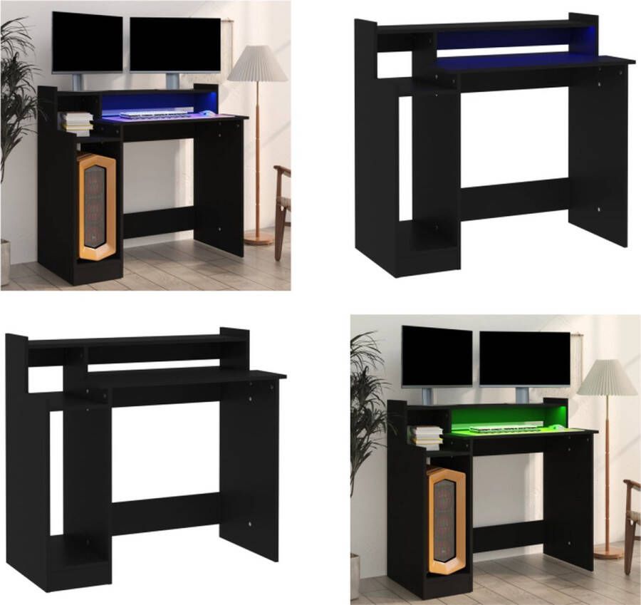 VidaXL Bureau met LED-verlichting 97x45x90 cm bewerkt hout zwart Bureau Bureaus Houten Bureau Computerbureau