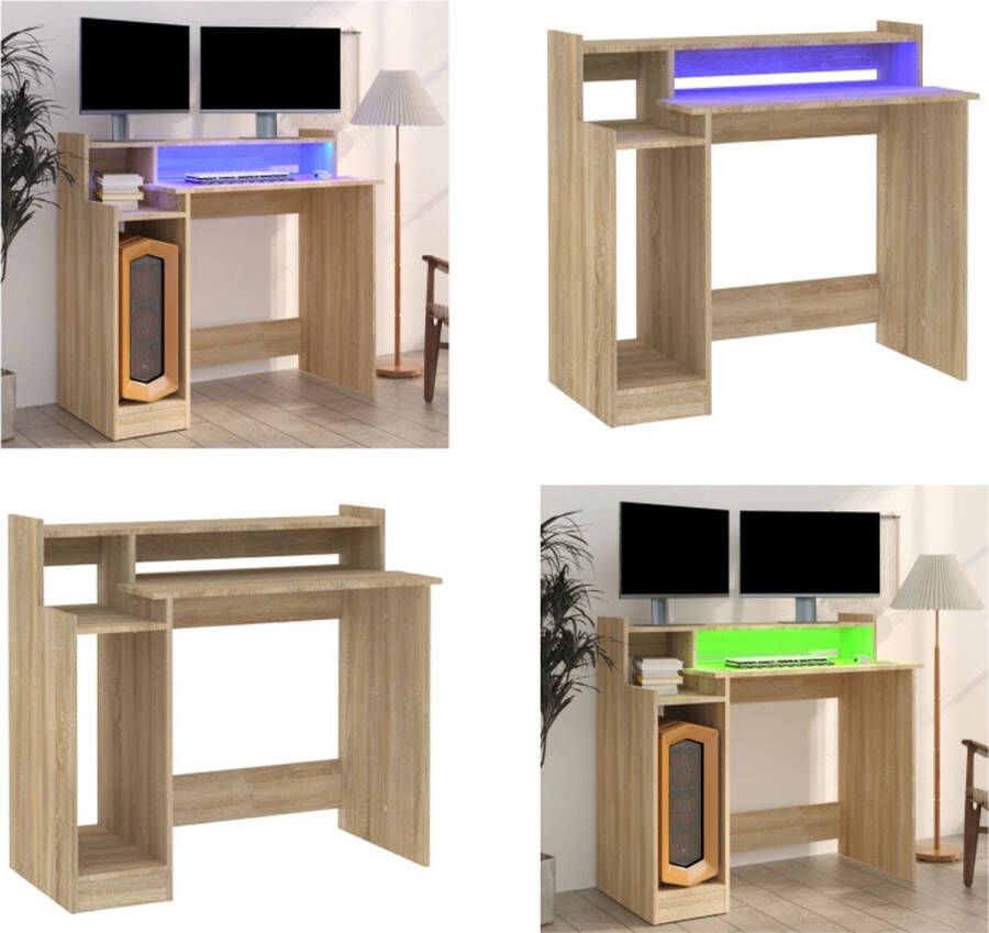 VidaXL Bureau met LED-verlichting 97x45x90 cm hout sonoma eikenkleurig Bureau Bureaus Houten Bureau Computerbureau