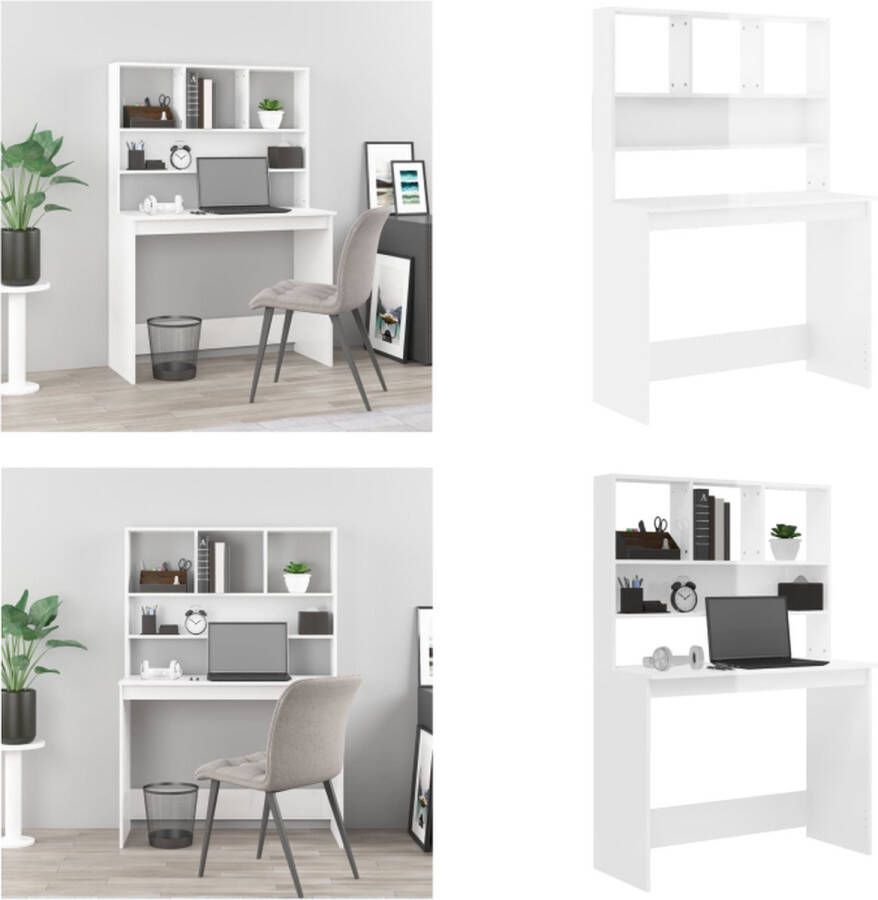 VidaXL Bureau met schappen 102x45x148 cm bewerkt hout hoogglans wit Bureau Bureaus Computerbureau Computertafel