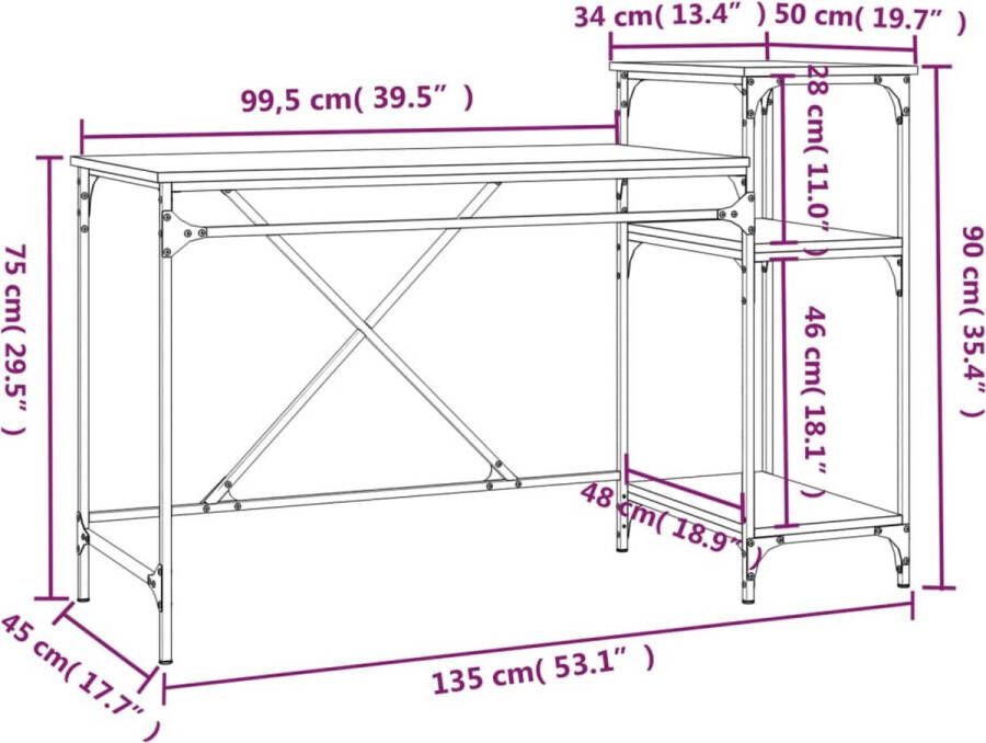 VidaXL -Bureau-met-schappen-135x50x90-bewerkt-hout-en-ijzer-bruineiken - Foto 3