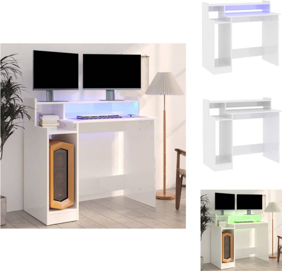 VidaXL Bureau Bureaus Houten Bureau Computerbureau Bureau met LED-verlichting 97x45x90 cm hout hoogglans wit - Foto 2
