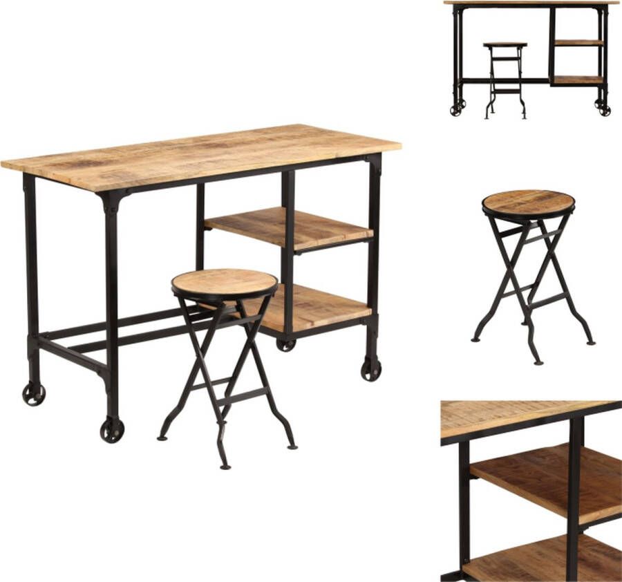 VidaXL Bureau Bureaus Computertafel Bureau met inklapbaar krukje 115x50x76 cm massief mangohout