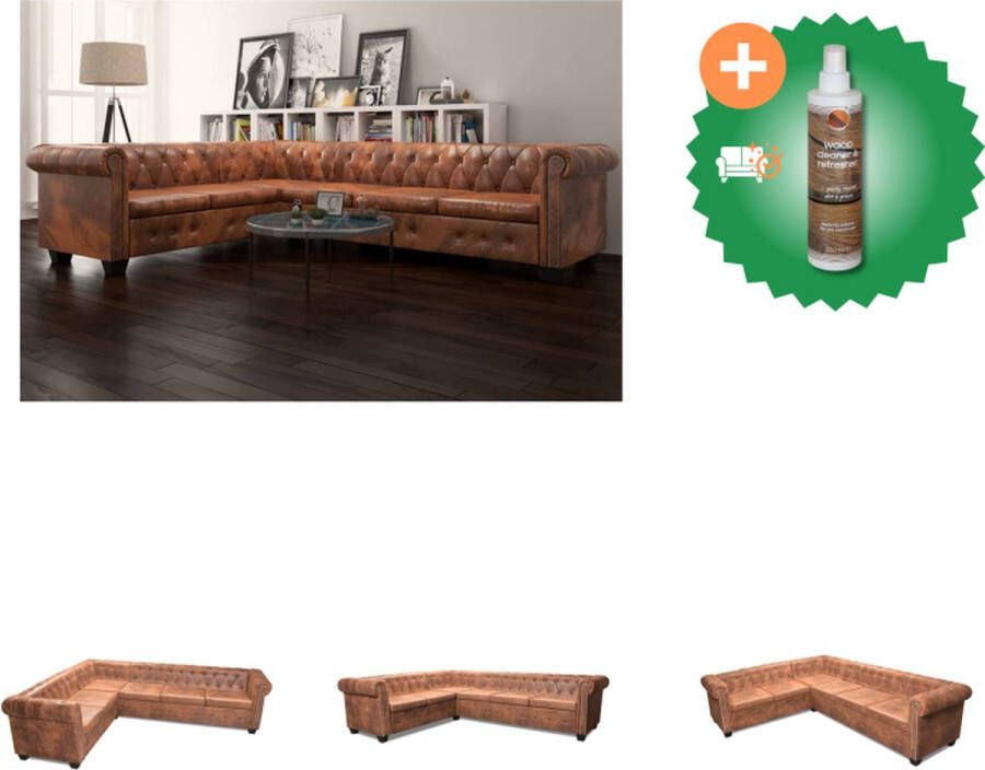 VidaXL Chesterfield Bank 6-Zits Bruin 260 x 205 x 73 cm Bank Inclusief Houtreiniger en verfrisser