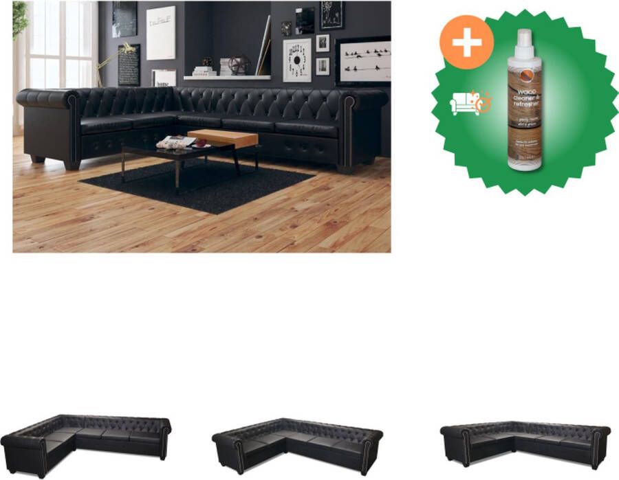 VidaXL Chesterfield Bank 6-zits Kunstleren bekleding 260x205x73 cm Zwart Bank Inclusief Houtreiniger en verfrisser