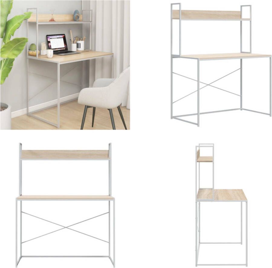 VidaXL Computerbureau 110x60x138 cm spaanplaat wit en eikenkleurig Computertafel Computertafels Computerbureau Bureau