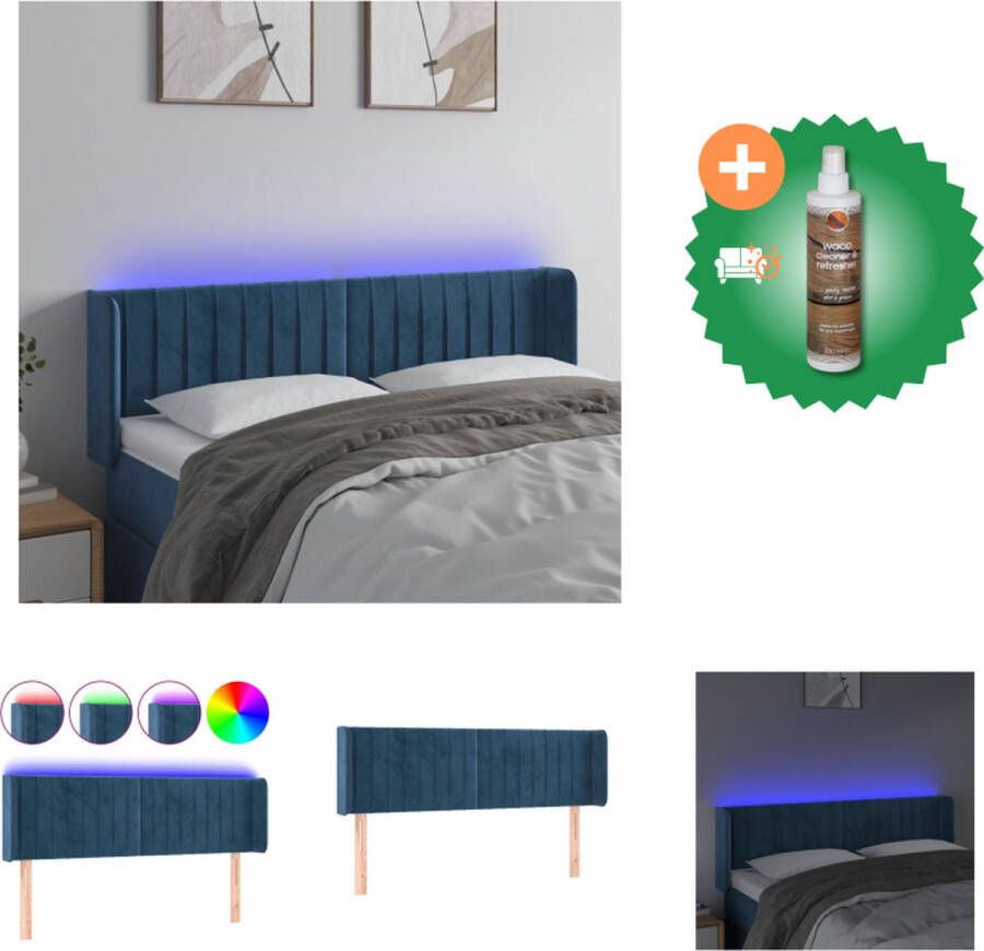 VidaXL Donkerblauw LED Hoofdbord 147x16x78 88 cm Zacht fluweel Kleurrijke LED-verlichting Verstelbare hoogte Bedonderdeel Inclusief Houtreiniger en verfrisser
