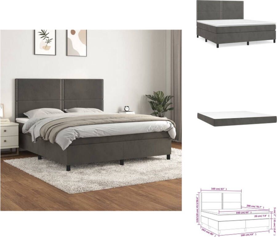 VidaXL Boxspringbed Zacht fluweel Praktisch hoofdbord Pocketvering matras Middelharde ondersteuning Huidvriendelijk topmatras Kleur- Donkergrijs Afmetingen- 203 x 160 x 118 128 cm Bed