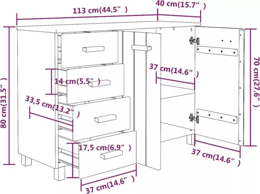 VidaXL -Dressoir-HAMAR-113x40x80-cm-massief-grenenhout-donkergrijs - Foto 2