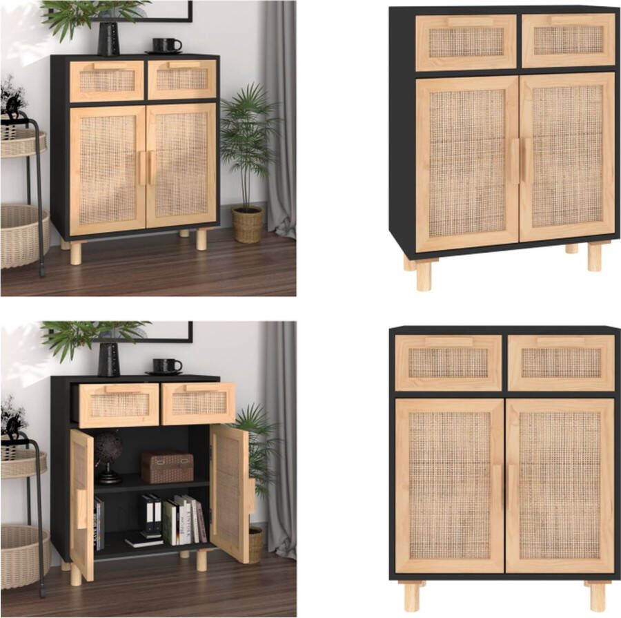 VidaXL Dressoir 60x30x75 cm massief grenen hout en rattan zwart Dressoir Dressoirs Kast Wandkast
