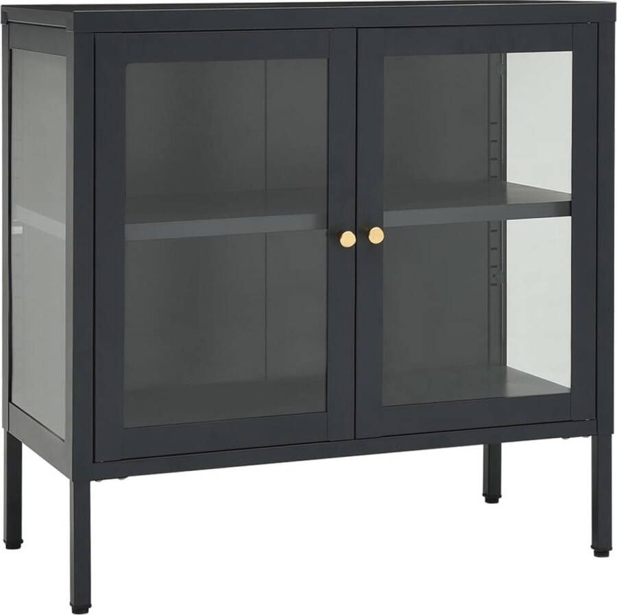 The Living Store Dressoir 70x35x70 cm staal en glas antracietkleurig Dressoir Staaldraad Vitrinekast Opbergkast Modern Design
