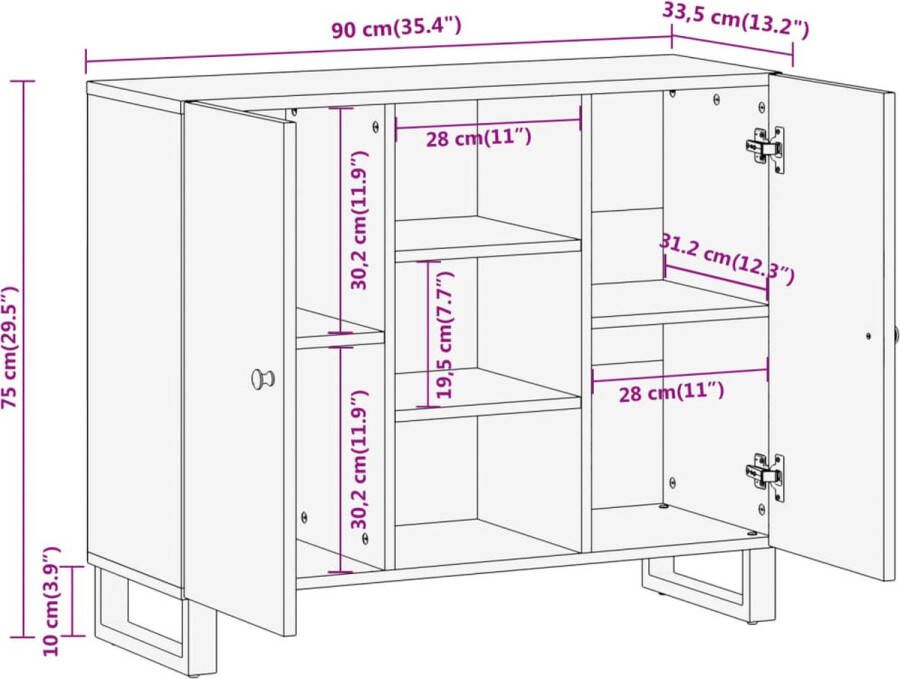 VidaXL -Dressoir-90x33 5x75-cm-massief-mangohout-bruin-en-zwart - Foto 4