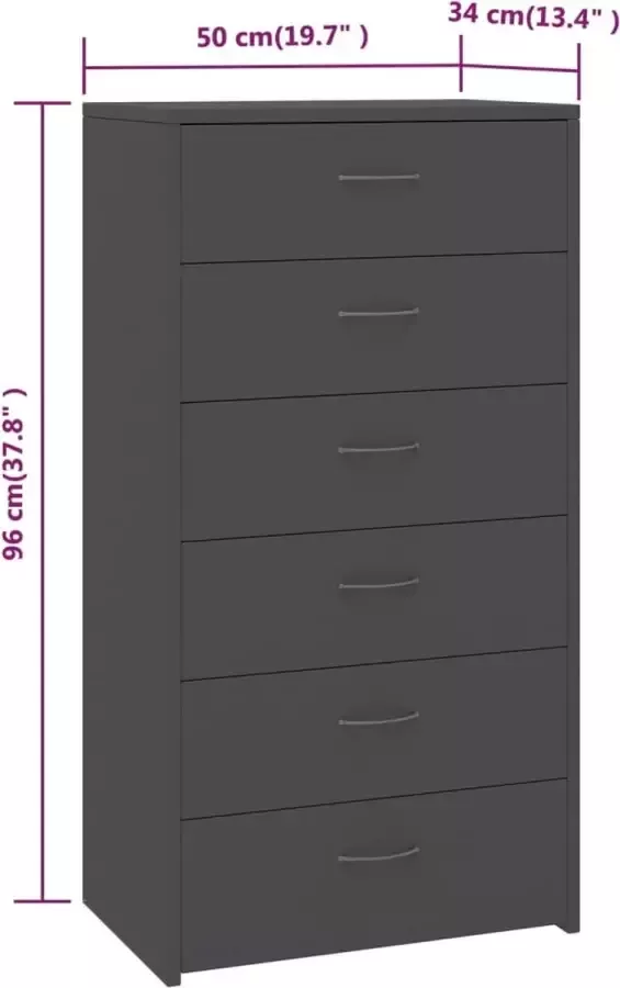 VidaXL Dressoir met 6 lades 50x34x96 cm bewerkt hout grijs - Foto 2
