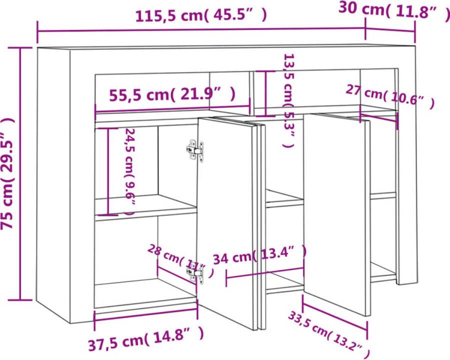 VidaXL Dressoir met LED-verlichting 115 5x30x75 cm sonoma eikenkleurig - Foto 2