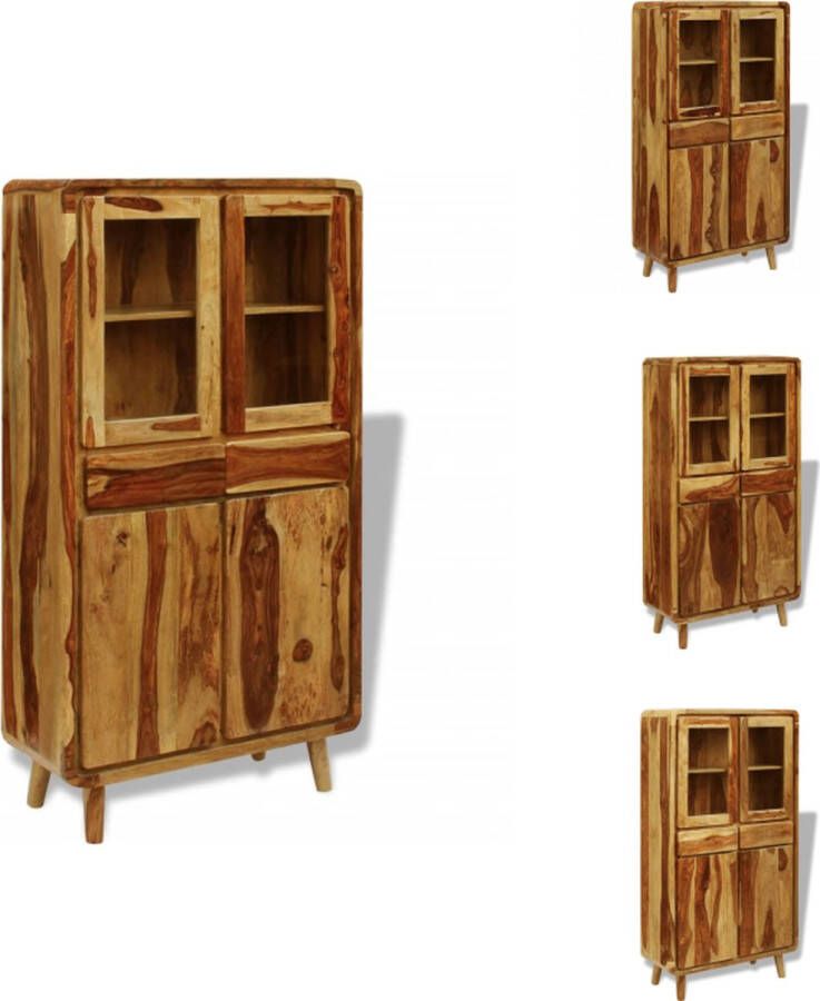 VidaXL Dressoir Sheesham Massief Hout 90x40x175cm Handgemaakt 2 Glazen deuren 2 Schuiflades 2 Houten deuren Kast