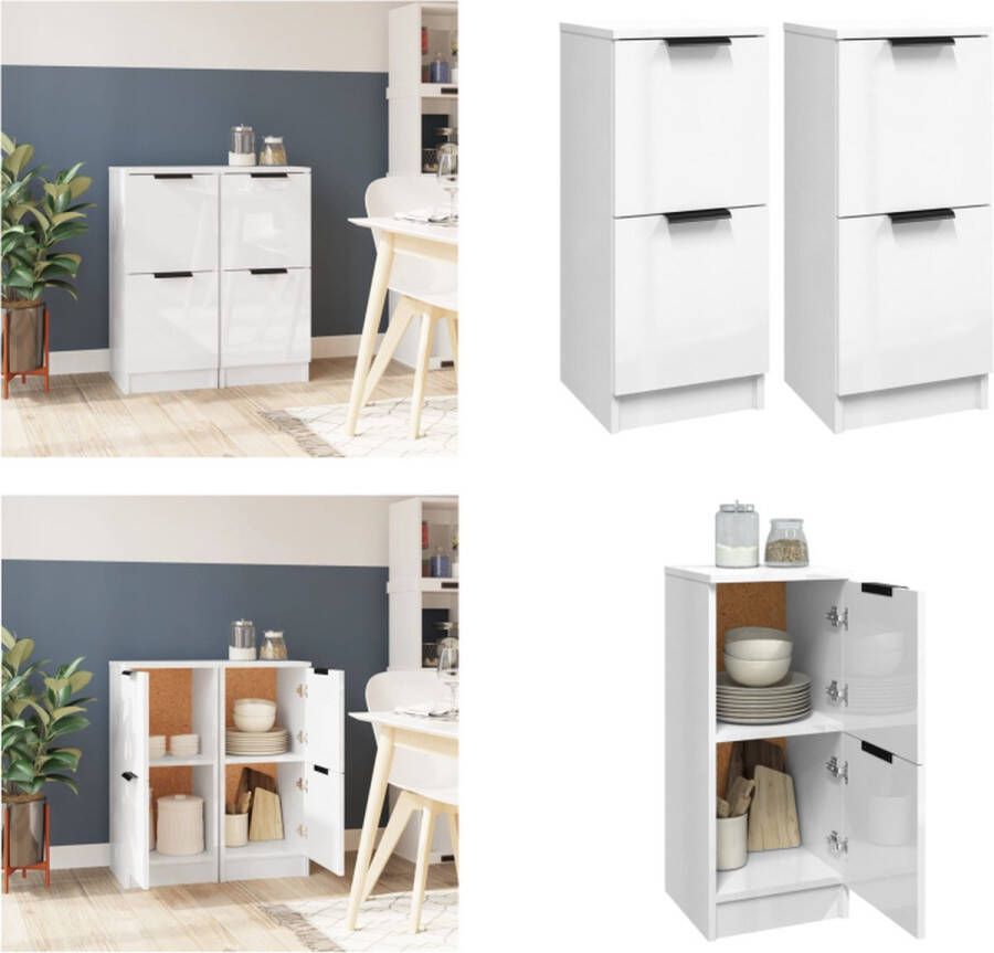VidaXL Dressoirs 2 st 30x30x70 cm bewerkt hout hoogglans wit Dressoir Dressoirs Kast Nachtkastje Opbergkast