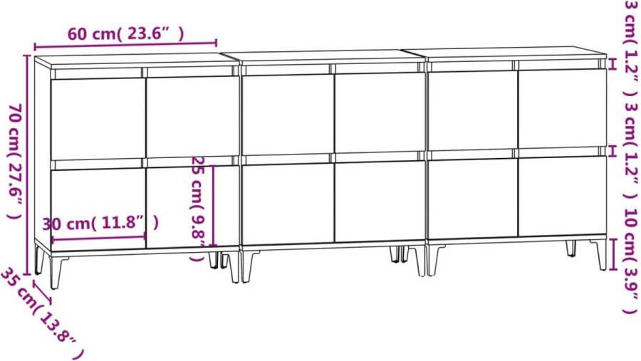 VidaXL -Dressoirs-3-st-60x35x70-cm-bewerkt-hout-bruineikenkleurig