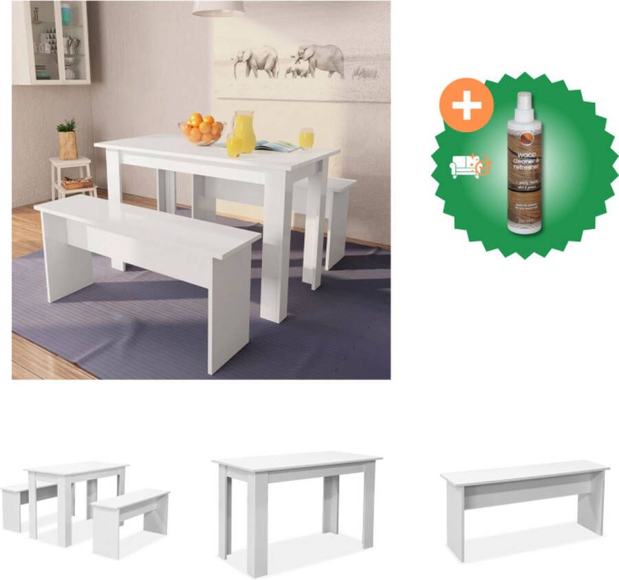 VidaXL Eethoek Tafel en 2 banken Matwit Afmetingen- 120x59x76cm en 110x29x50cm Spaanplaat en PVC-randen Set tafel en stoelen Inclusief Houtreiniger en verfrisser