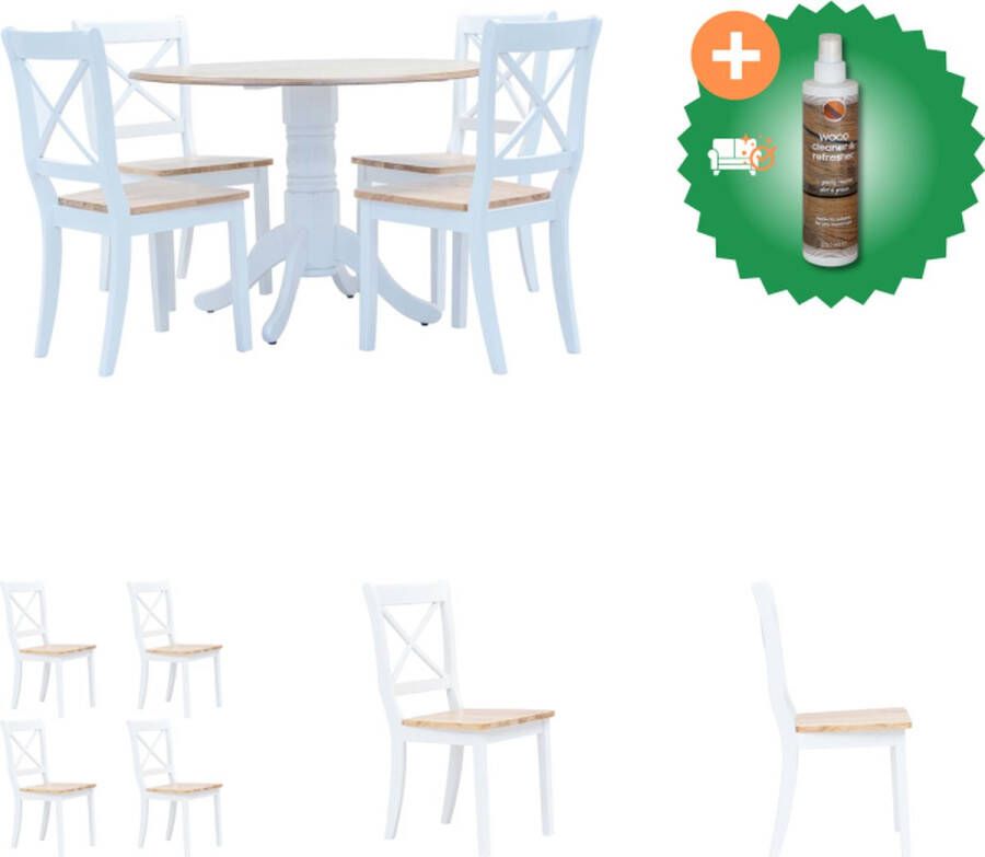 VidaXL 5-delige Eethoek massief rubberwood wit en bruin Set tafel en stoelen Inclusief Houtreiniger en verfrisser