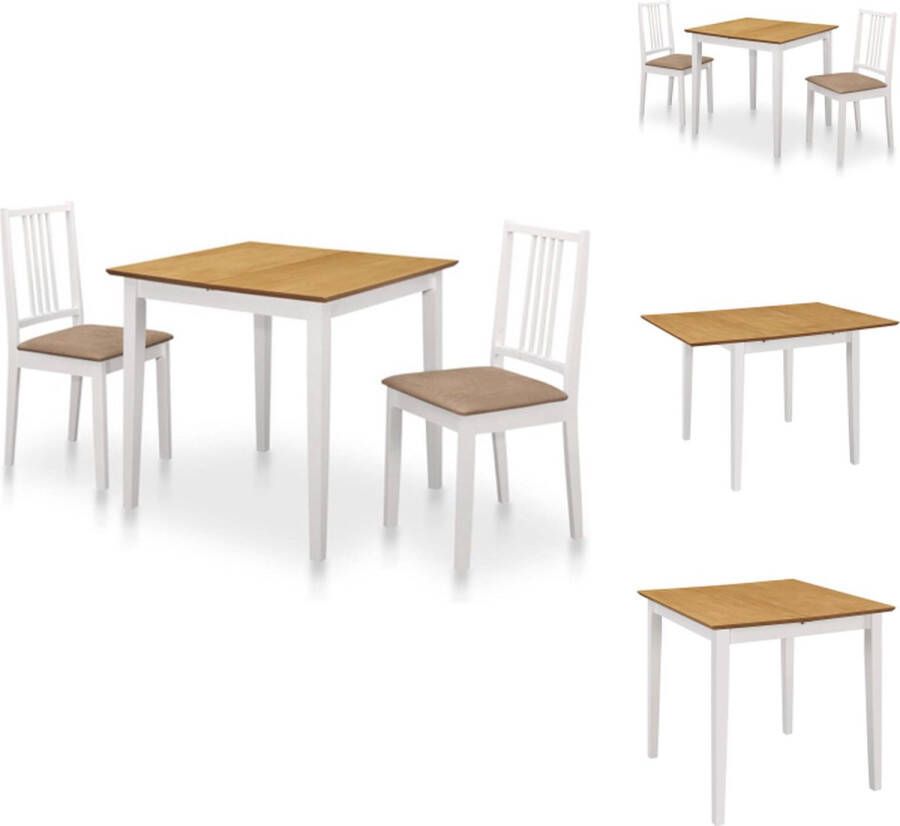 VidaXL Eethoek Verlengbare Eettafel (80-120) x 80 x 74 cm 2 Eetstoelen Wit en Bruin Massief Rubberwood Set tafel en stoelen
