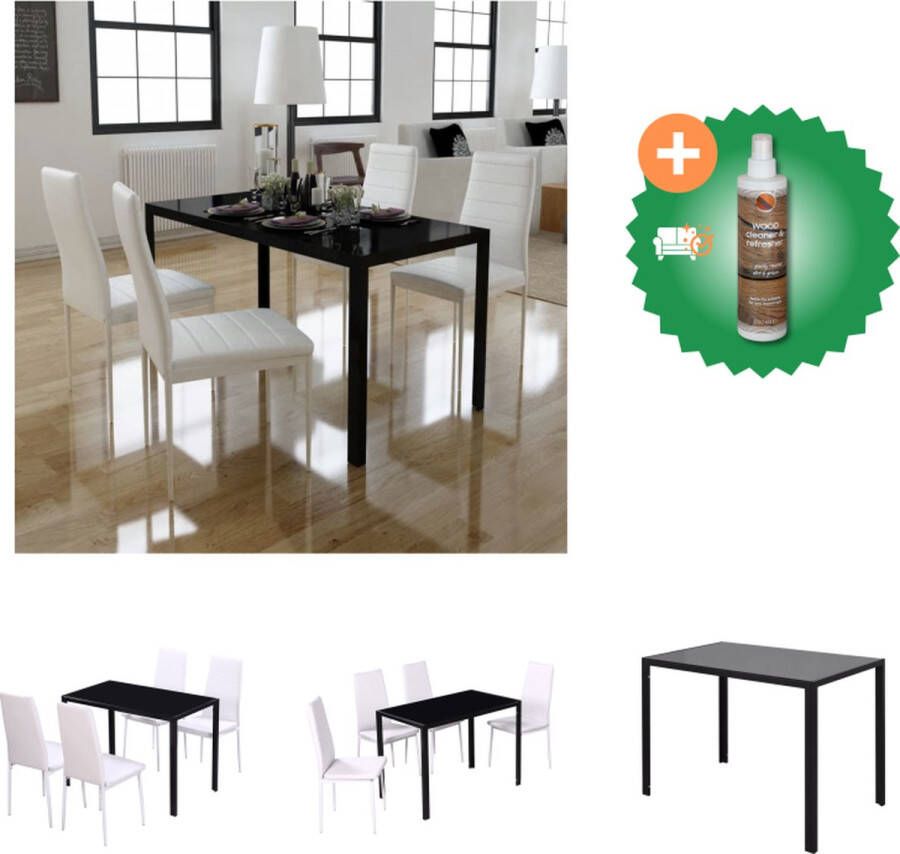 VidaXL Eetkamerset 5-delig Gehard glas Kunstleer Zwart wit 105x60x74 cm Set tafel en stoelen Inclusief Houtreiniger en verfrisser