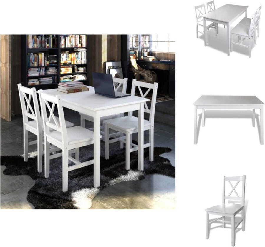 VidaXL Eetkamerset Massief hout 5-delig Wit 108x65x73 cm (LxBxH) 39x41x85.5 cm (BxDxH) Grenenhout Gelakte afwerking Set tafel en stoelen