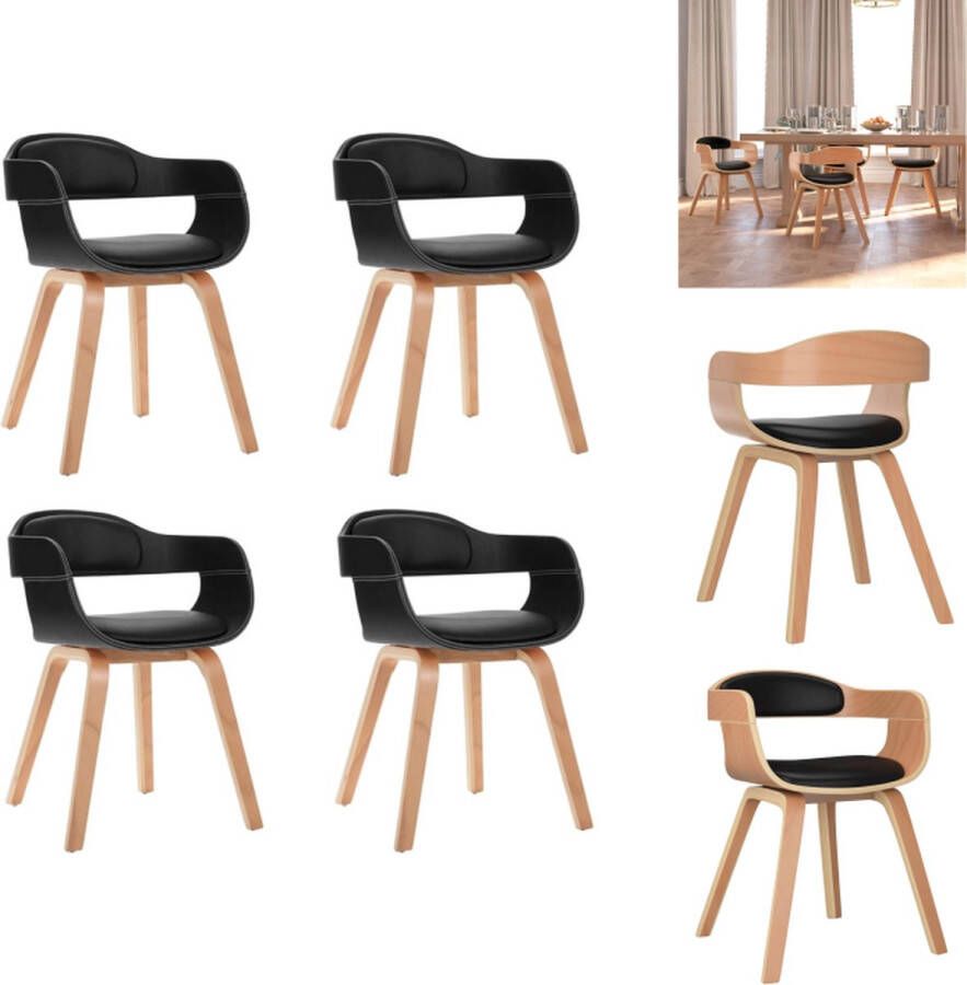 VidaXL Eetkamerstoel Eetkamerstoelen Eetzaalstoel Eetzaalstoelen Eetkamerstoelen 4 st gebogen hout en kunstleer zwart