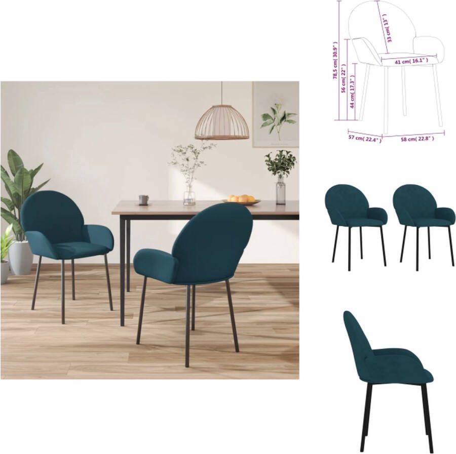 VidaXL Fluweel Stoel Eetkamerstoel Eetkamerstoelen 2 st fluweel blauw Blauwe Stoel Moderne Stoel Elegante Stoel