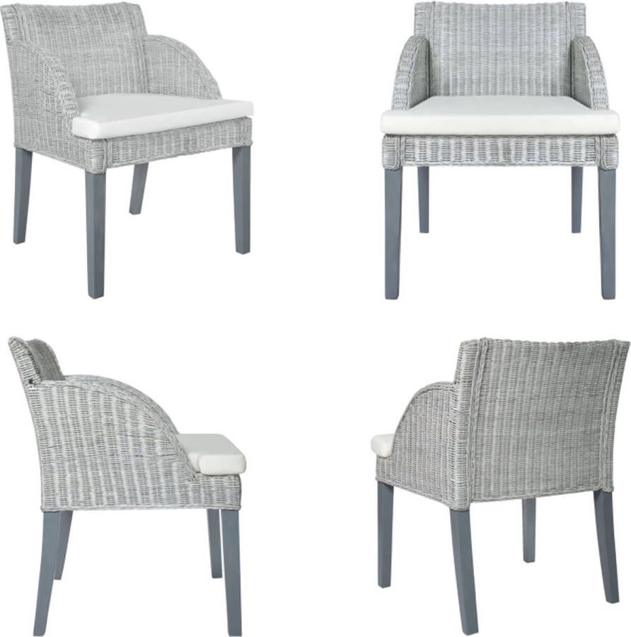 VidaXL Eetkamerstoel met kussen natuurlijk rattan grijs Eetkamerstoel Eetkamerstoelen Eetstoel Keukenstoel - Foto 2