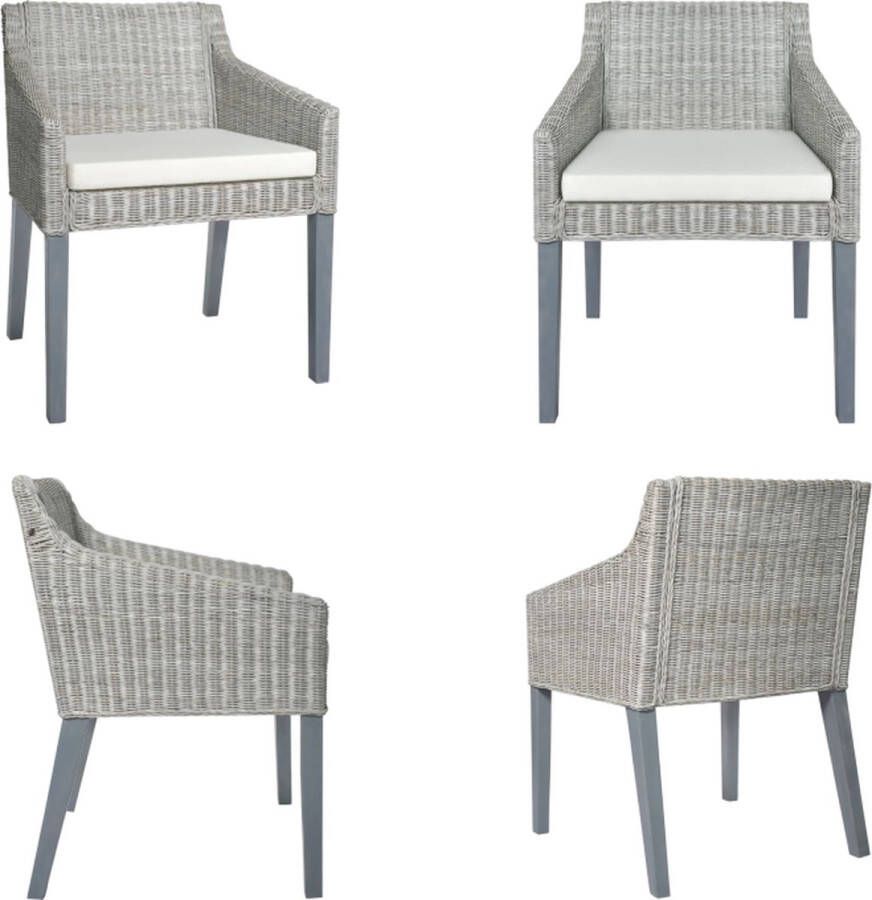 VidaXL Eetkamerstoel met kussen natuurlijk rattan grijs Eetkamerstoel Eetkamerstoelen Eetstoel Keukenstoel