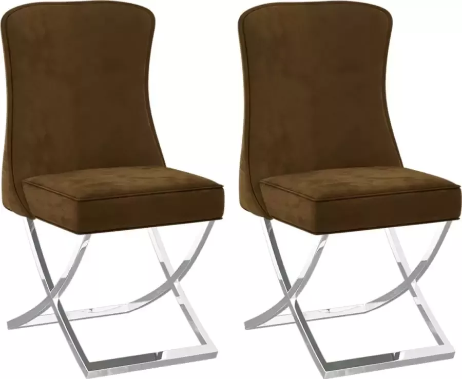 VidaXL -Eetkamerstoelen-2-st-53x52x98-cm-fluweel-roestvrij-staal-bruin - Foto 2