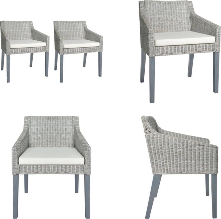 VidaXL Eetkamerstoelen 2 st met kussens natuurlijk rattan grijs Eetkamerstoel Eetkamerstoelen Eetstoel Keukenstoel