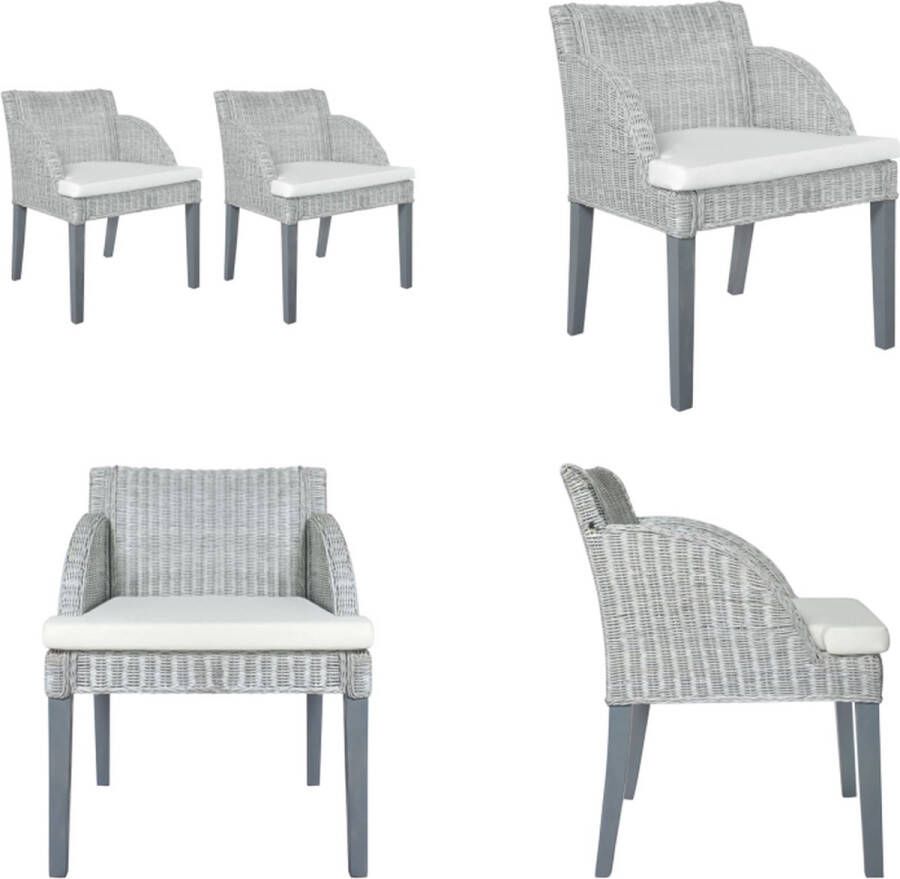 VidaXL Eetkamerstoelen 2 st met kussens natuurlijk rattan grijs Eetkamerstoel Eetkamerstoelen Eetstoel Keukenstoel