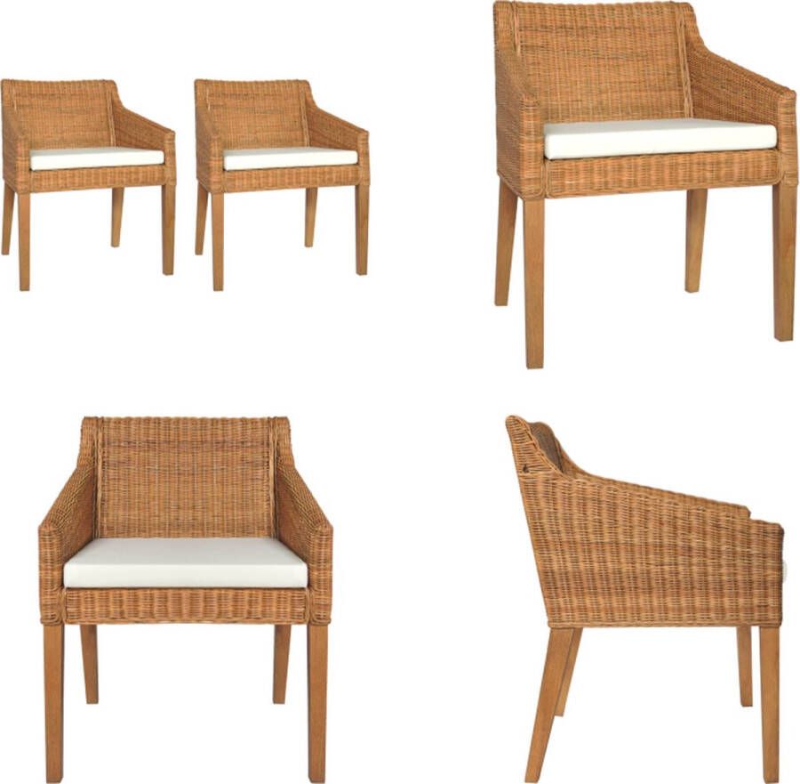 VidaXL Eetkamerstoelen 2 st met kussens natuurlijk rattan lichtbruin Eetkamerstoel Eetkamerstoelen Eetstoel Keukenstoel