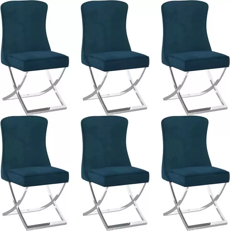 VidaXL Eetkamerstoelen 6 st 53x52x98 cm fluweel roestvrij staal blauw - Foto 2