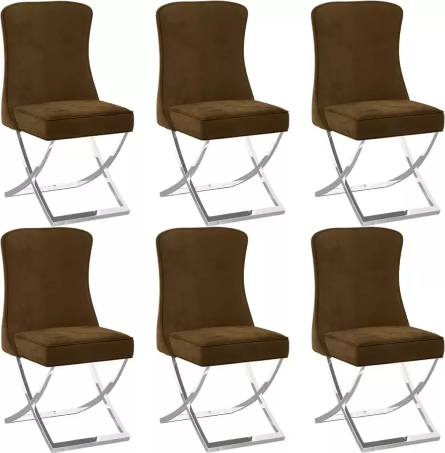 VIDAXL Eetkamerstoelen 6 st 53x52x98 cm fluweel roestvrij staal bruin - Foto 2