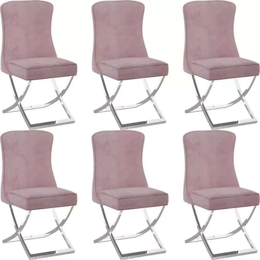 VidaXL Eetkamerstoelen 6 st 53x52x98 cm fluweel roestvrij staal roze - Foto 2