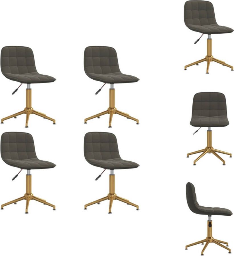 VidaXL Eetkamerstoelen Draaibaar Set van 4 Fluweel Donkergrijs Goud 42.5 x 45 x (68-82.5) cm Eetkamerstoel