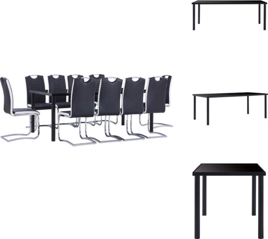 VidaXL Eetset Eettafel en 10 Eetkamerstoelen 200x100x75 cm Zwart Gehard glas metaal kunstleer staal Set tafel en stoelen