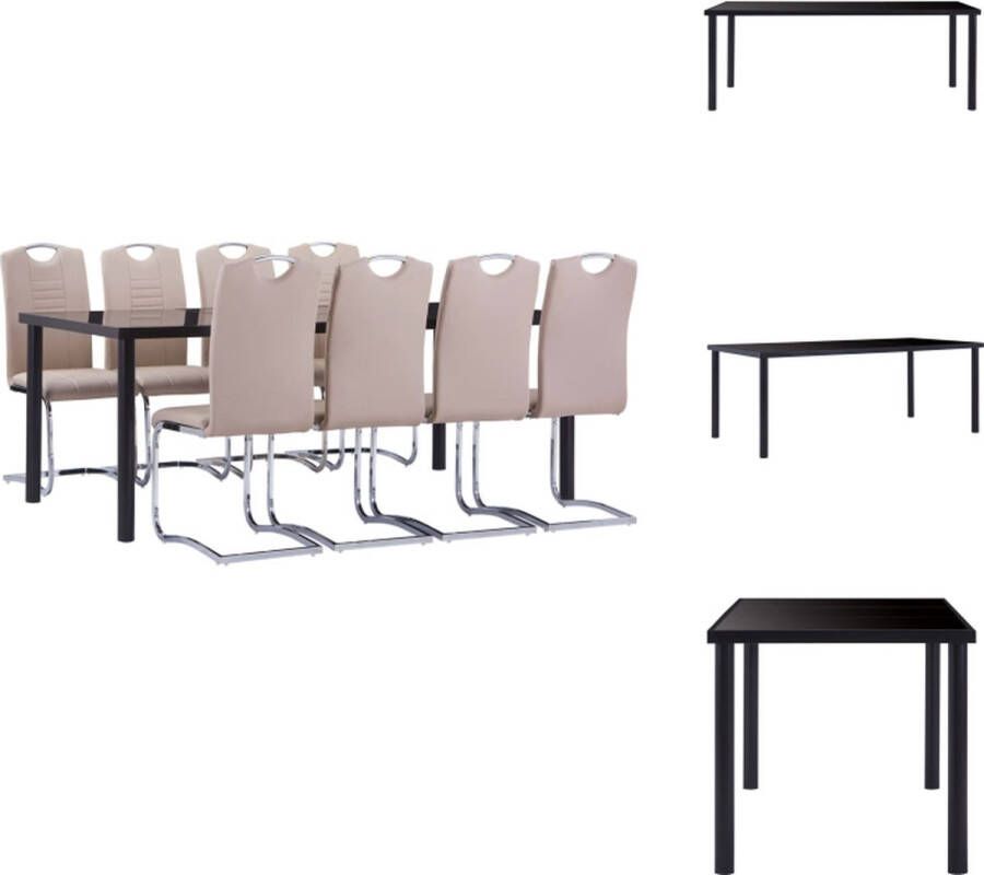 VidaXL Eetset Eettafel Gehard Glas Metaal 200x100x75 cm Zwart 8x Tuinstoel Kunstleer Staal 42x52x100 cm Cappuccino Set tafel en stoelen