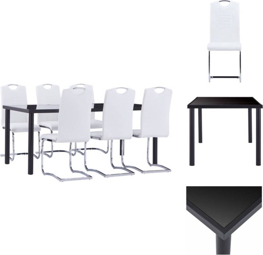 VidaXL Eetset Modern Eettafel 180x90x75 cm Gehard glas en metaal 6x Eetstoelen Kunstleer Wit 42x52x100 cm Set tafel en stoelen