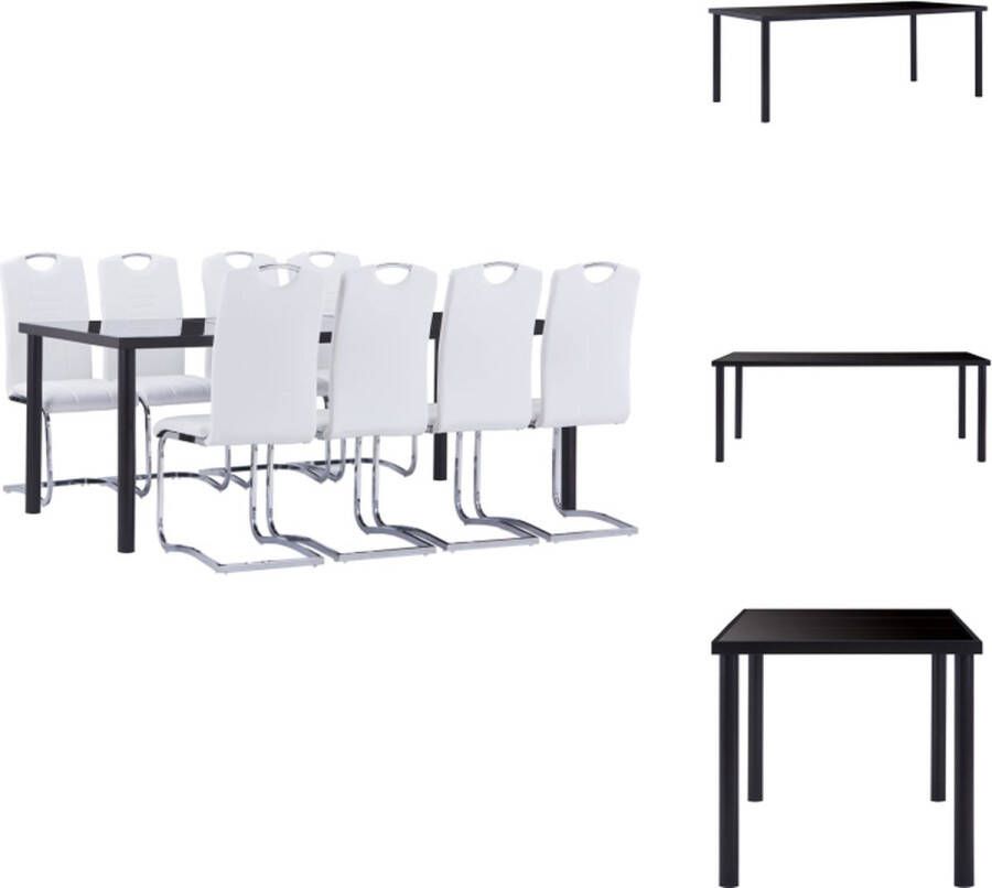 VidaXL Eetset Tafel met Gehard Glas Zwart metaal 180 x 90 x 75 cm Eetstoelen met Kunstleren bekleding Wit 42 x 52 x 100 cm 8 stuks Set tafel en stoelen - Foto 2
