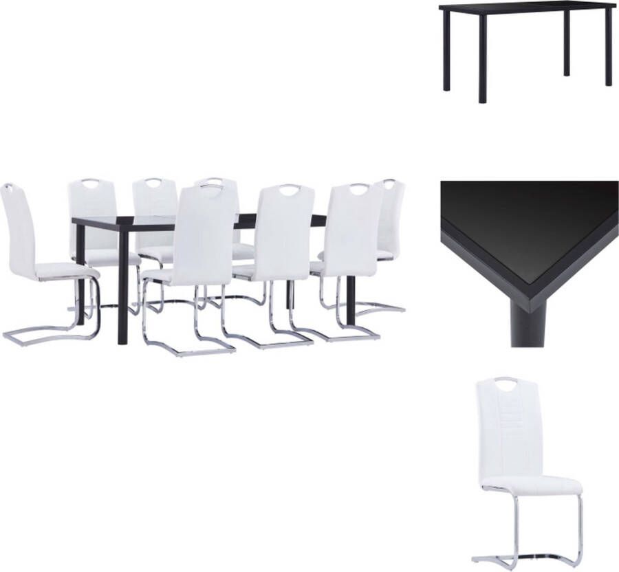 VidaXL Eetset Tafel met Gehard Glas Zwart metaal 180 x 90 x 75 cm Eetstoelen met Kunstleren bekleding Wit 42 x 52 x 100 cm 8 stuks Set tafel en stoelen