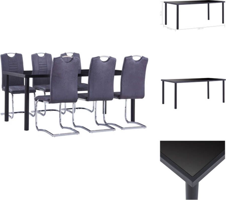 VidaXL Eetset Tafel Stoel Zwart Gehard Glas 180x90x75 cm Grijs Kunstsuède Handvat Montage vereist Set tafel en stoelen
