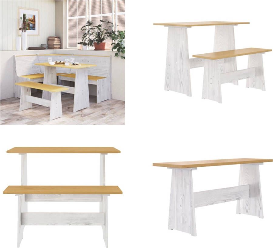 VidaXL Eettafel met bankje REINE massief grenenhout honingbruin en wit Eettafel Met Bankje Eettafels Met Bankjes Houten Tafel Eetkamertafel