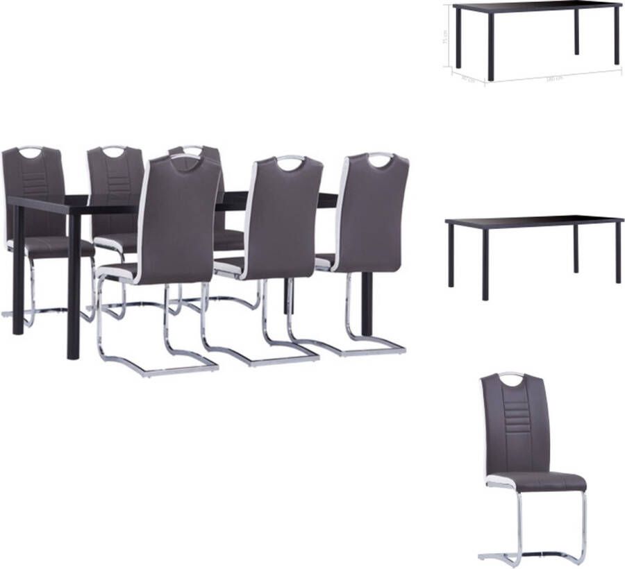 VidaXL Eettafel set zwart gehard glas metaal 180 x 90 x 75 cm 6 stoelen grijs kunstleer staal 42 x 52 x 100 cm Set tafel en stoelen