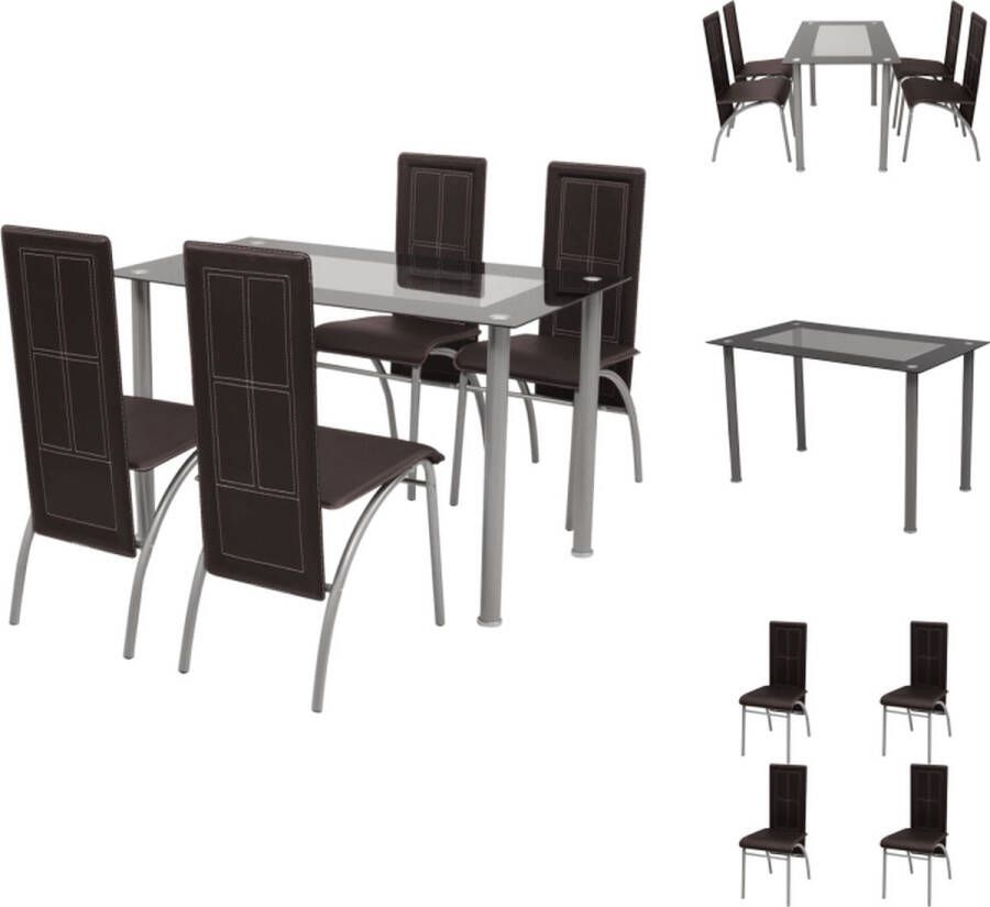 VidaXL Eettafelset Staal Bruin 120x70x75 cm Gehard glas 4 stoelen 44x54x95 cm Set tafel en stoelen