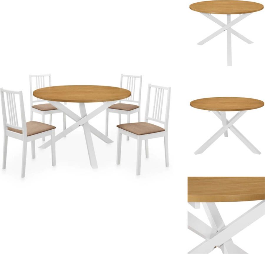 VidaXL Eettafelset Vierdelig Wit en bruin 120 x 75 cm Massief rubberwood Inclusief kussens Set tafel en stoelen